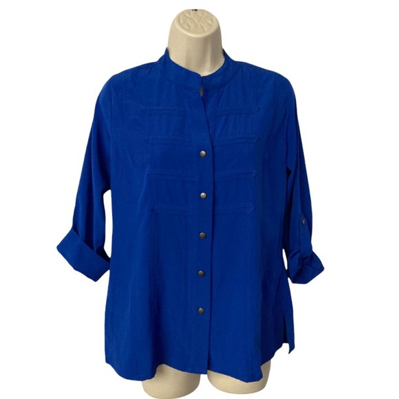 LAURA SCOTT Petites Royal Blue Mandarin Top - Picture 7 of 8